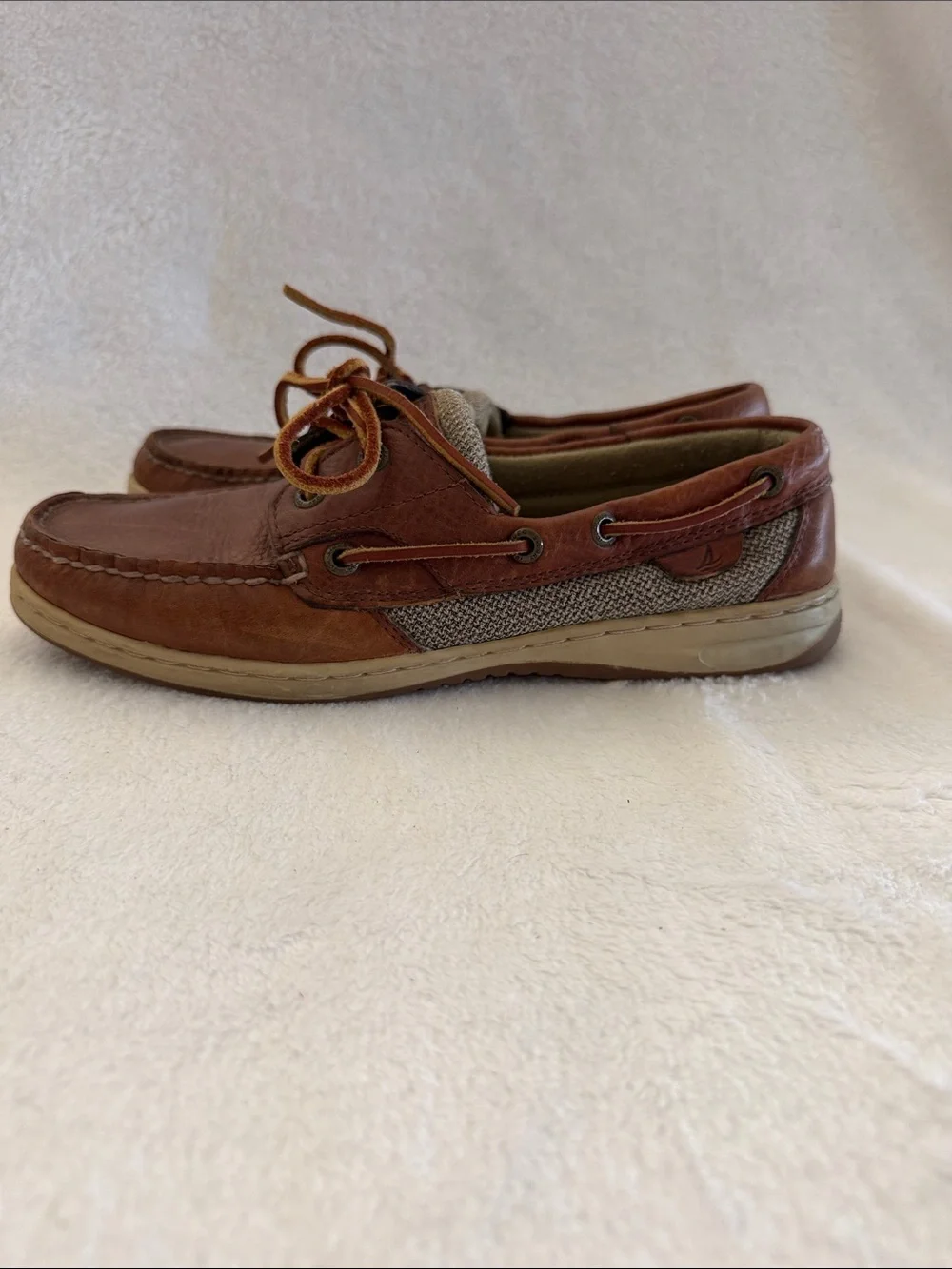 Sperry Cognac Leather & Tan Fabric Boat Shoes